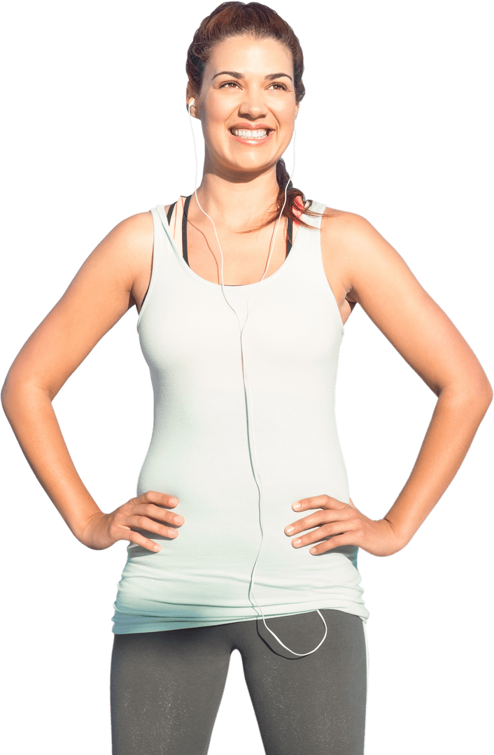 Smiling Female Runner with Earphones on Transparent Background