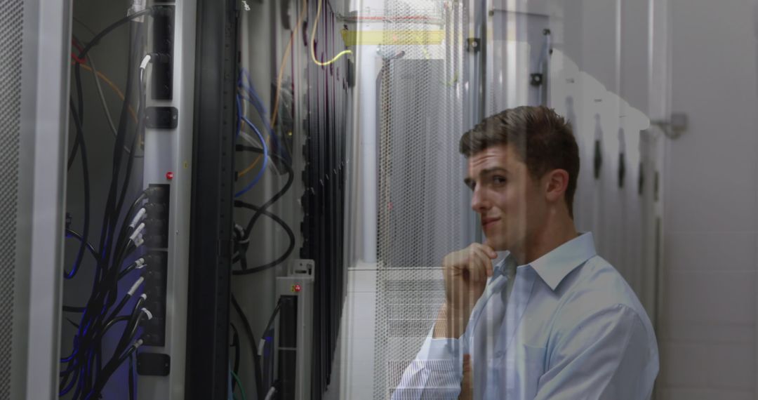 Tech Professional Analyzing Complex Server Room Infrastructure