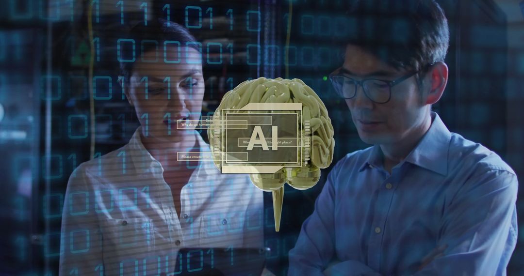 Engineers Analyzing AI Brain and Digital Binary Code Overlay