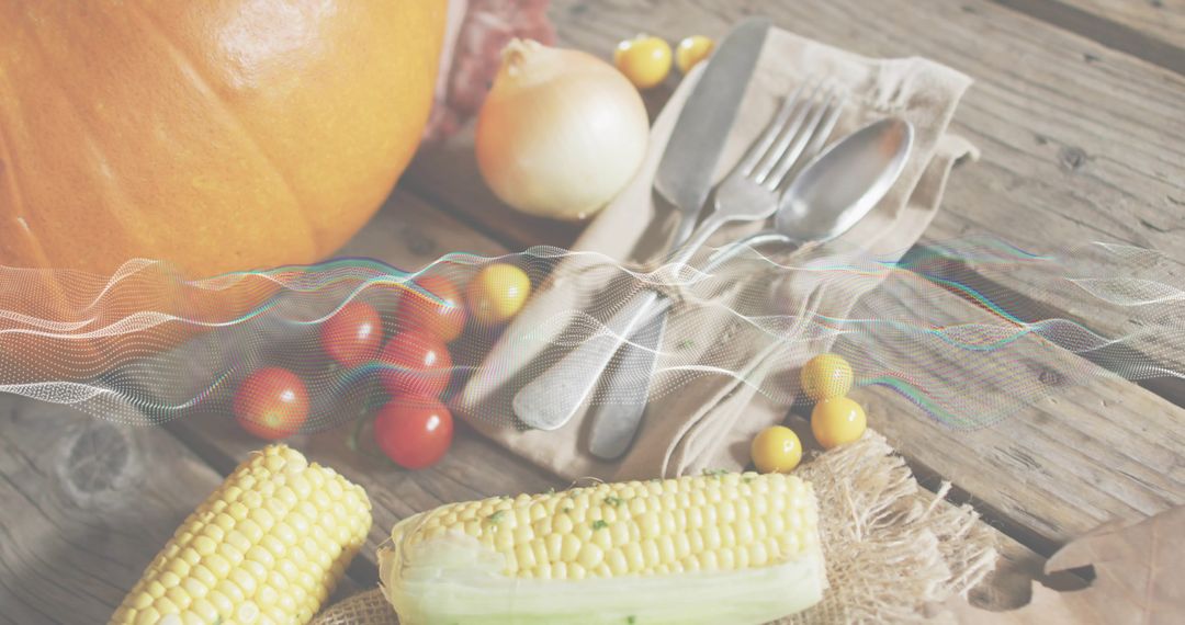 Rustic Harvest Table Featuring Corn Cobs, Pumpkin, Cherry Tomatoes and Tied Silverware