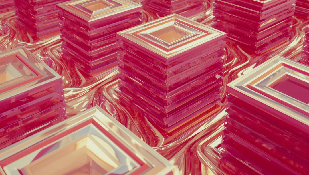 Futuristic Geometric Columns on Reflective Pink Surface