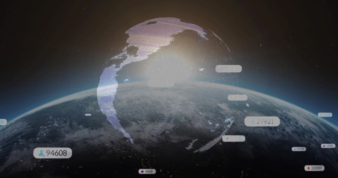Global Digital Earth Rendering Showing Mesh Overlay, Data Bubbles and Network Connectivity