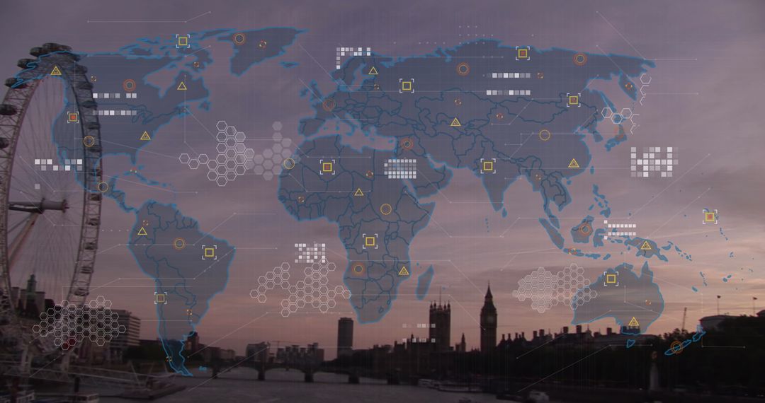 Global Data Processing Concept Over London Cityscape at Dusk
