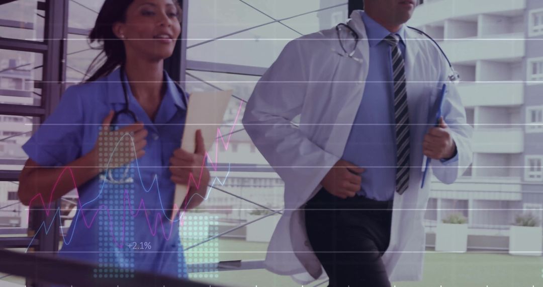 Diverse Doctors Running with Data Overlays in Hospital