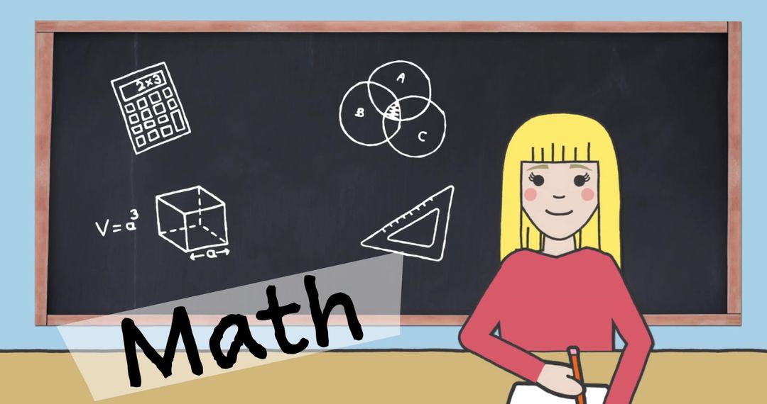 Schoolgirl Learning Mathematics with Blackboard Illustrations
