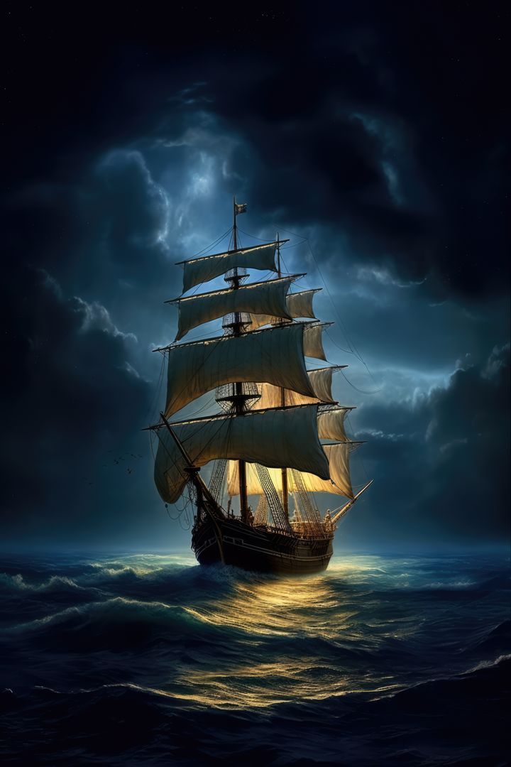 A majestic sailing ship braves the turbulent sea at night - Free Images, Stock Photos and Pictures on Pikwizard.com