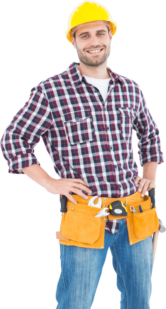 Happy Handyman Posing in Checkered Shirt with Transparent Background