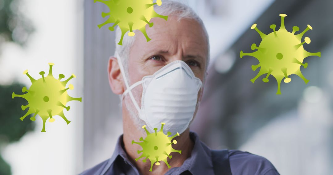 Senior Man Wearing Mask with Illustrated COVID-19 Viruses - Free Images, Stock Photos and Pictures on Pikwizard.com