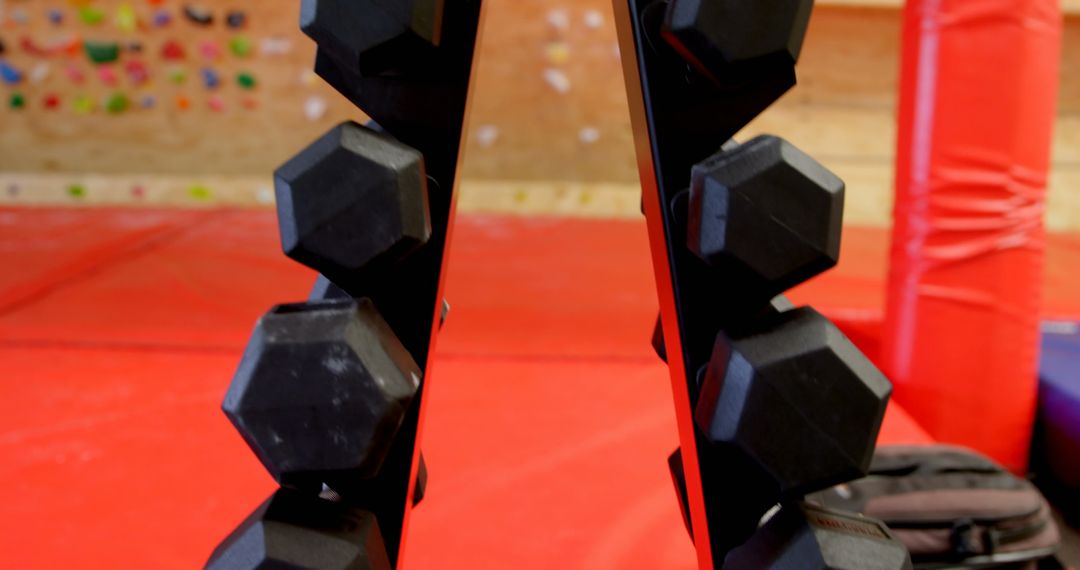 Close-Up of Modern Dumbbells in Gym for Strength Training