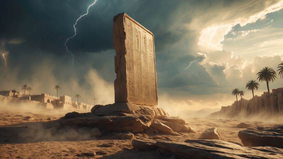 Ancient inscribed stele in desert with lightning and palms, ten commandments concept