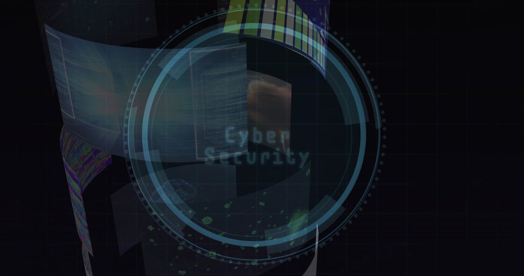 Rotating HUD displaying pixelated cybersecurity text with neon rings and code particles