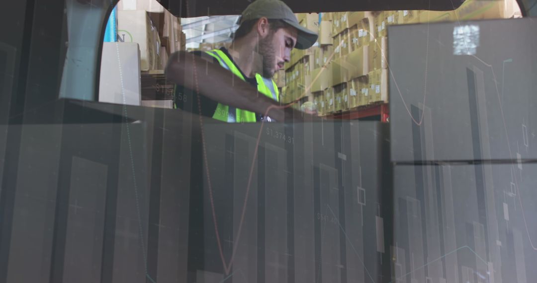 Warehouse Worker/loading Boxes While AR Overlays Display