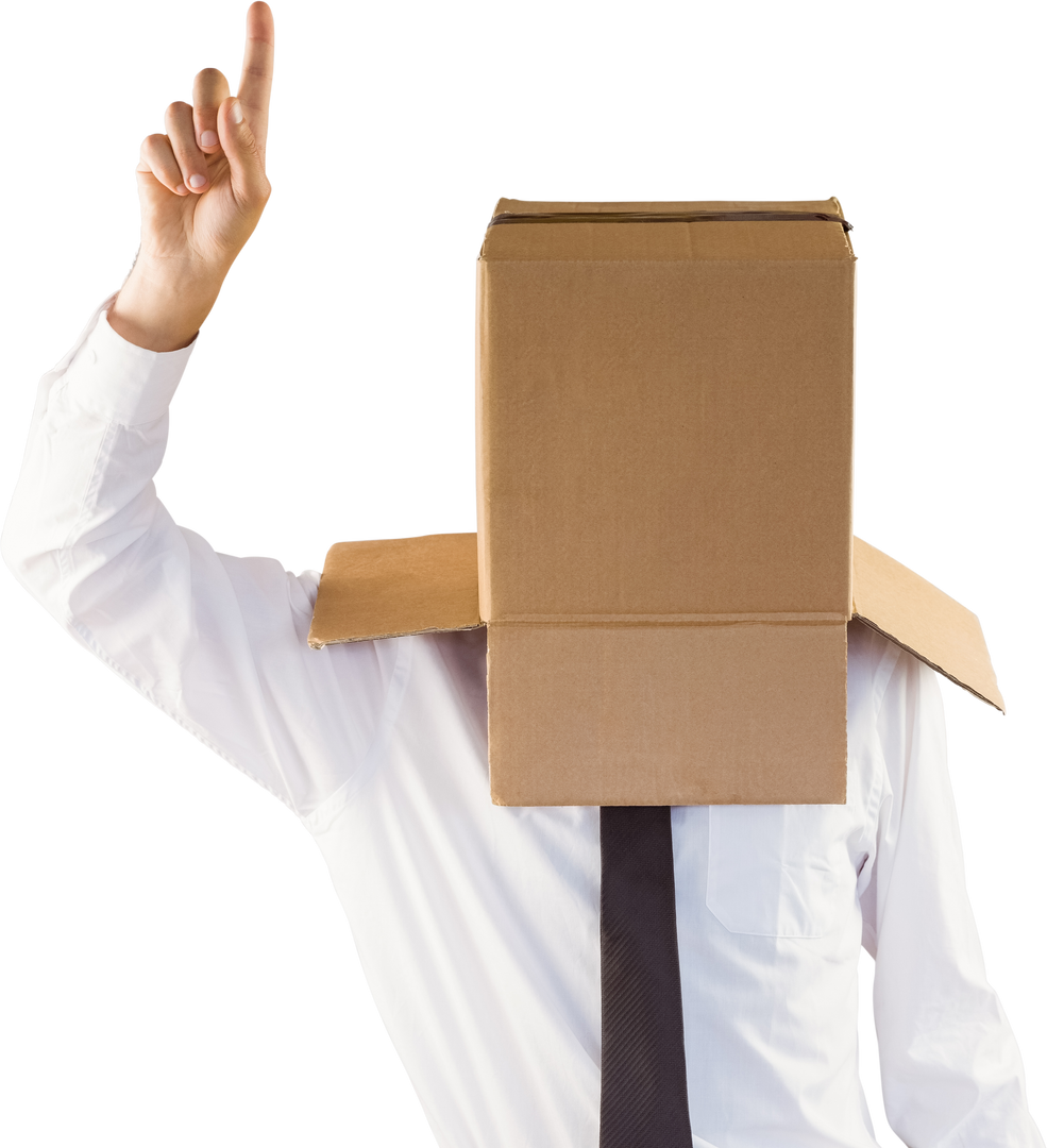 Transparent isolated businessman with cardboard box on head pointing finger up - Download Free Stock Images Pikwizard.com