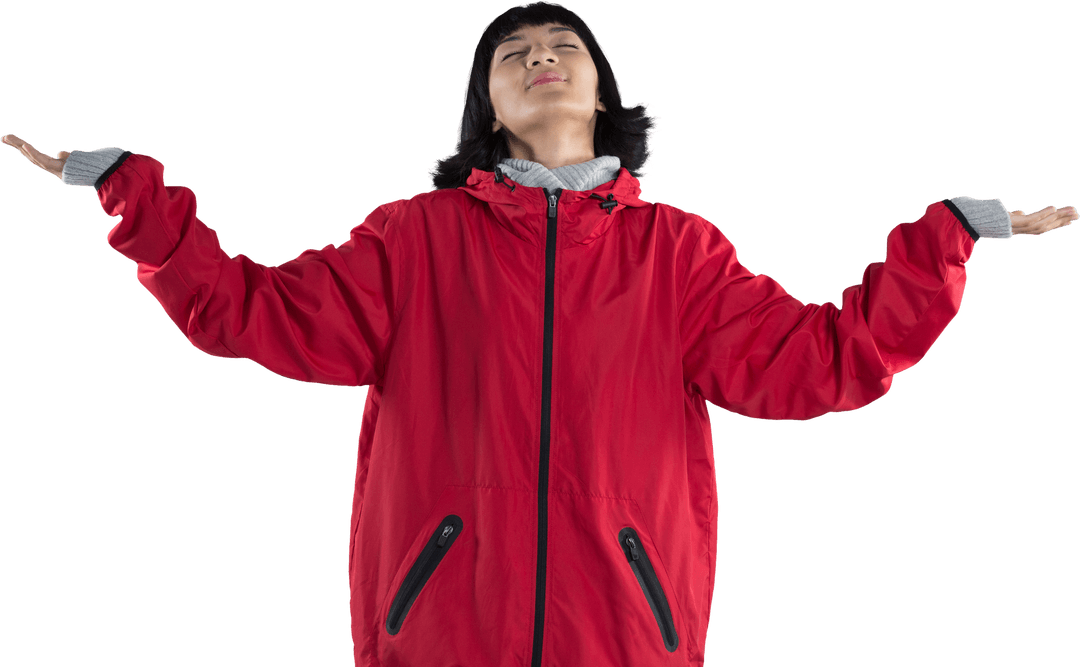 Joyful Woman in Red Jacket with Outstretched Arms Transparent Background