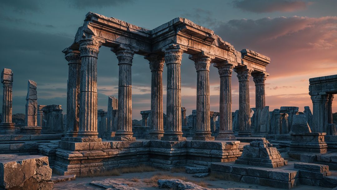 Colonnaded Temple Ruins at Sunset with Shadowed Stone Columns