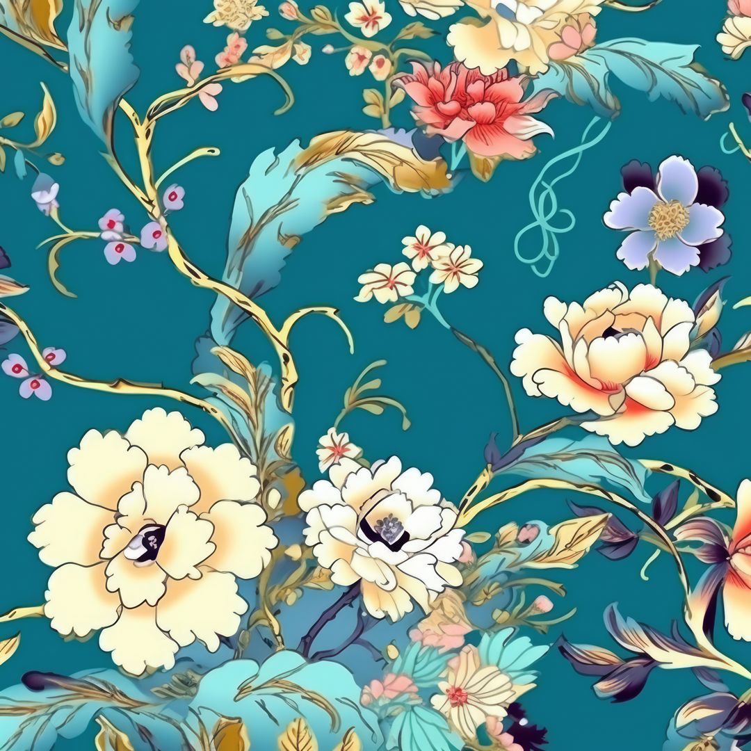 Elegant Floral Pattern with Vibrant Flowers and Leaves on Teal Background - Free Images, Stock Photos and Pictures on Pikwizard.com