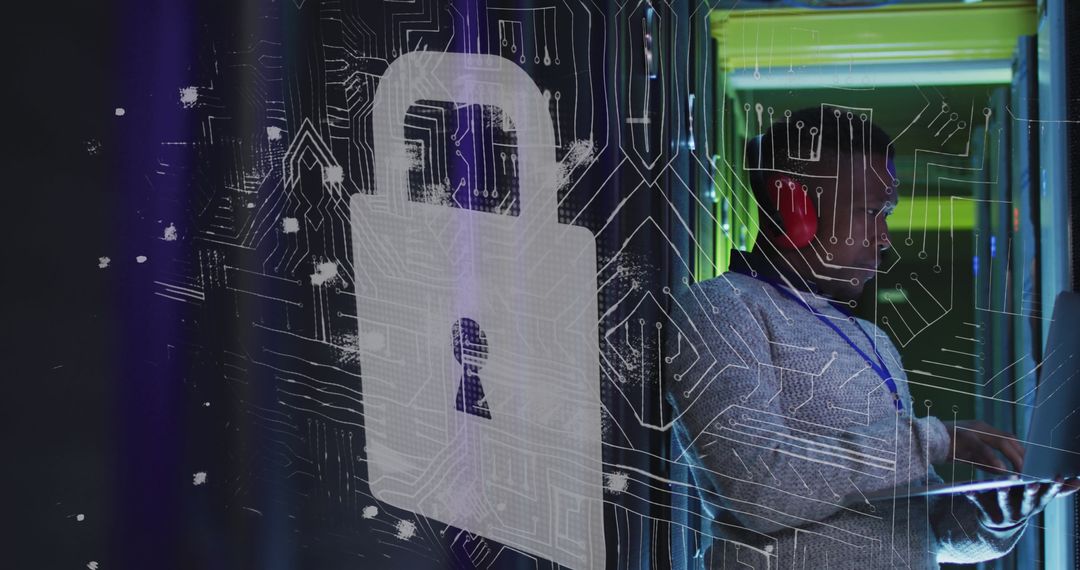 Cybersecurity: Man in Server Room with Digital Lock Overlay
