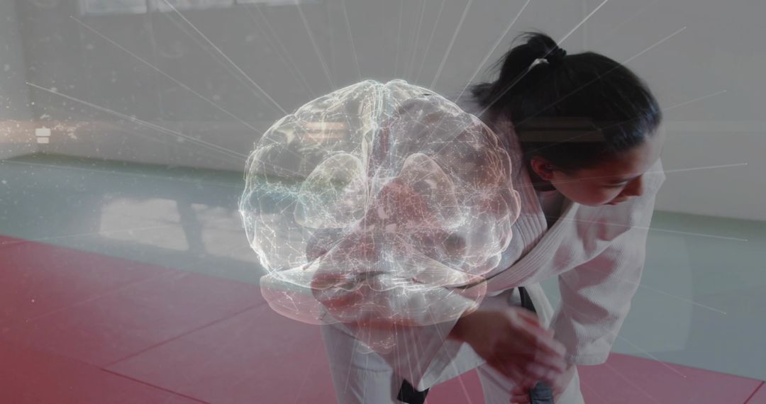 Martial Artist in White Gi Adjusting Belt with Brain Hologram Overlay