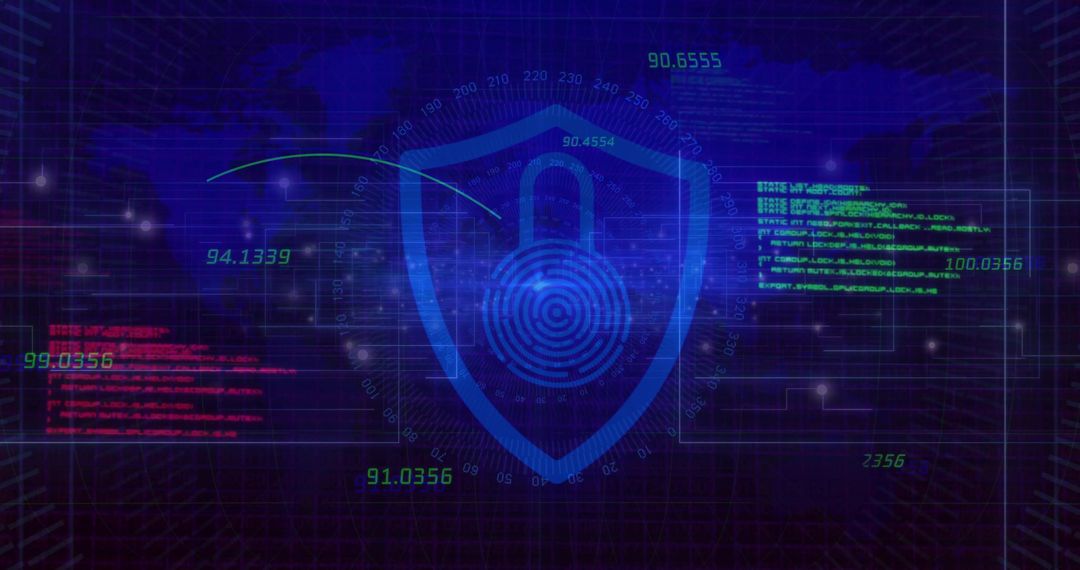 Futuristic Cybersecurity Interface with Padlock and Biometric Shield