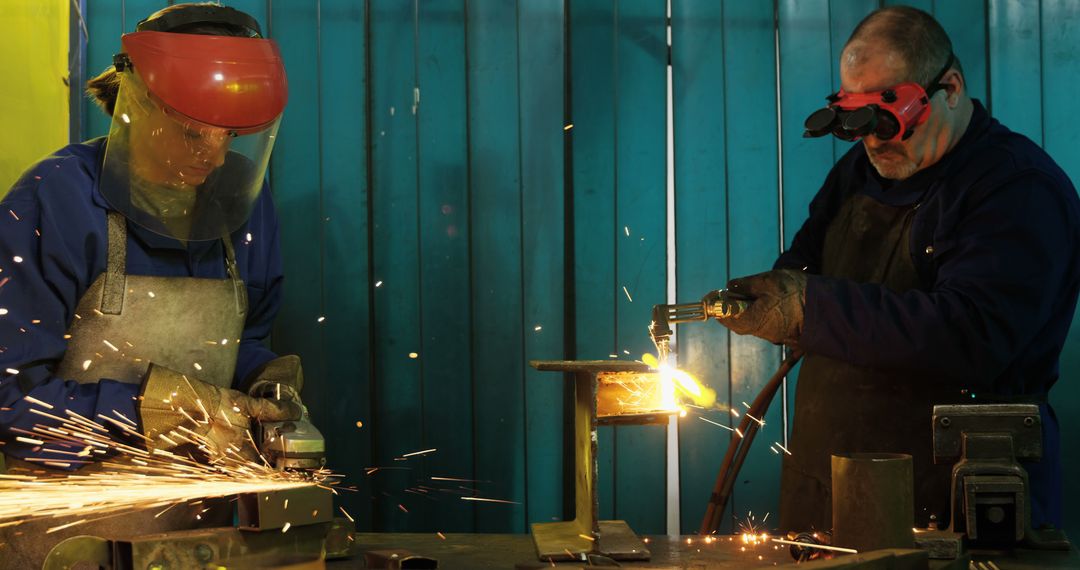 Industrial Workers Cutting and Welding Metal in Workshop - Free Images, Stock Photos and Pictures on Pikwizard.com