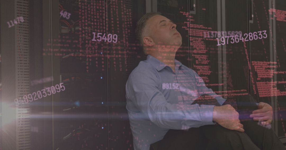 Man in Data Center with Overlay of Numbers, Cybersecurity Concept