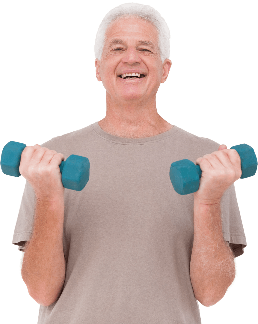 Happy Senior Man Lifting Dumbbells in Transparent Background
