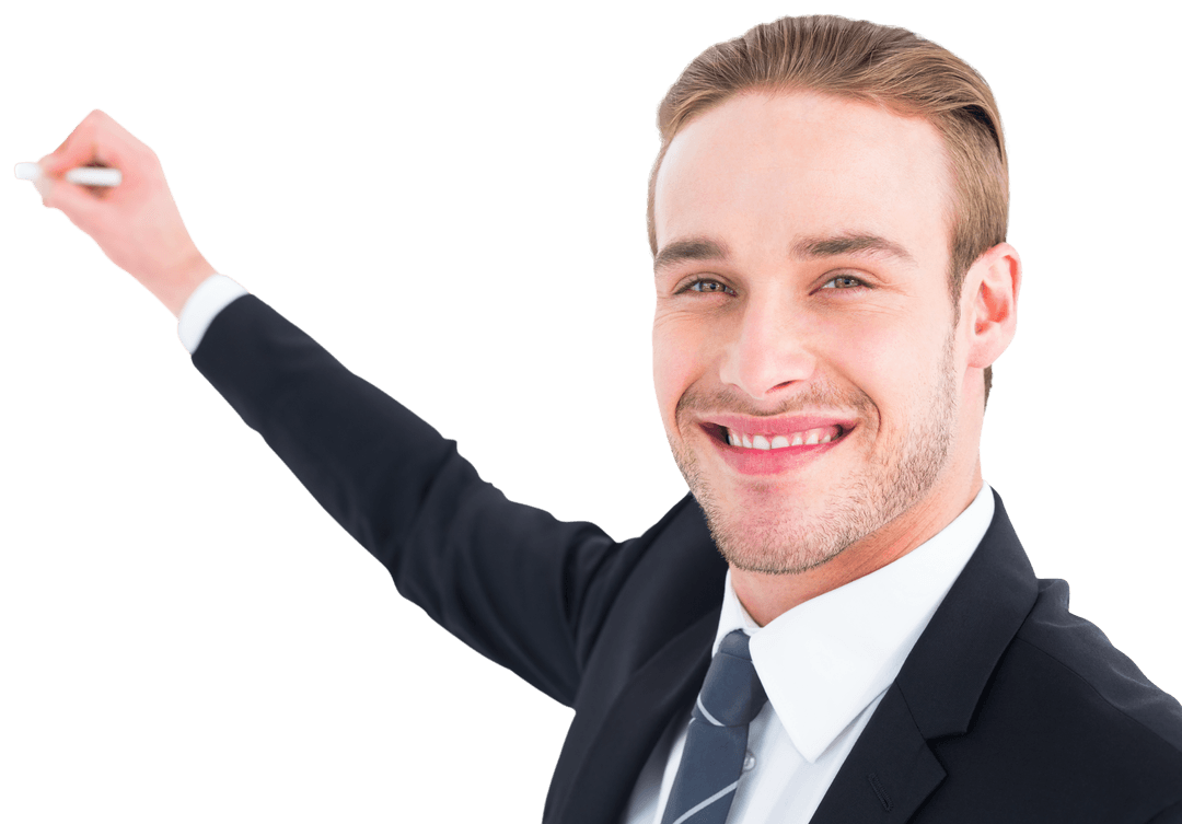 Transparent Businessman in Suit Writing with Chalk Smiling