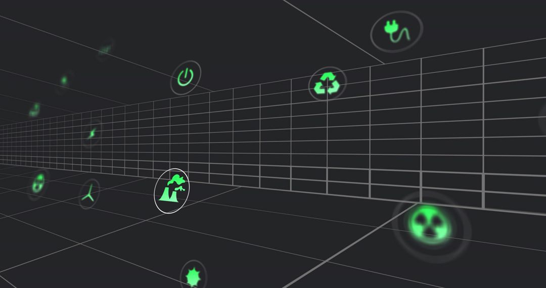 Futuristic Digital Tunnel with Eco-friendly Icons in Virtual Space