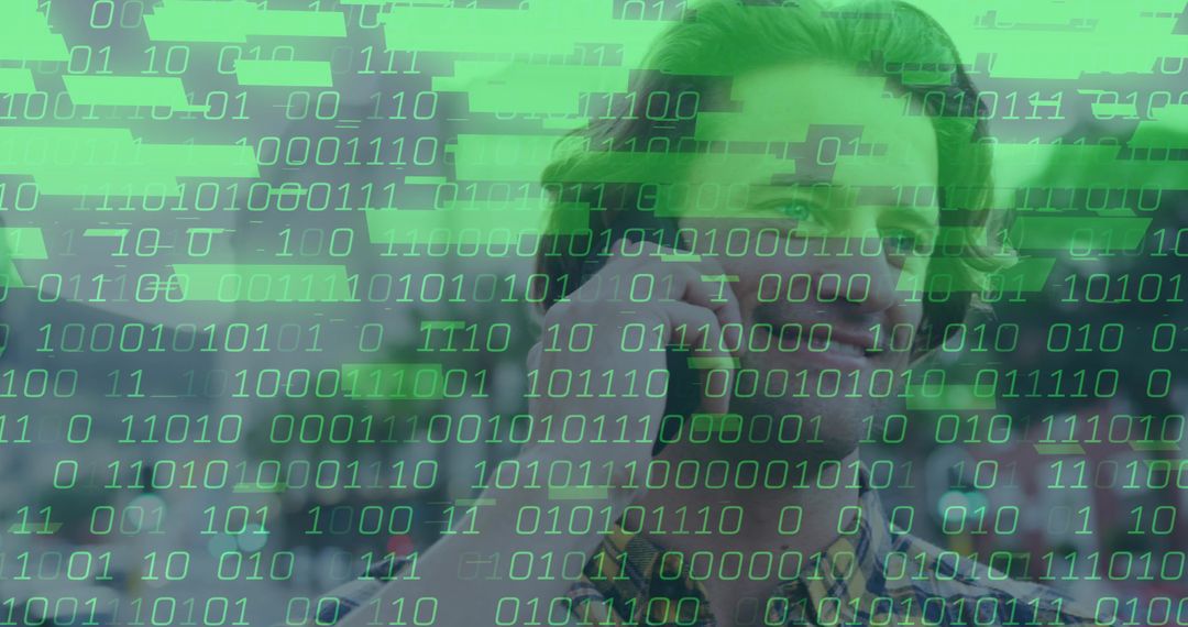 IT Professional Talking on Smartphone with Binary Codes Overlay