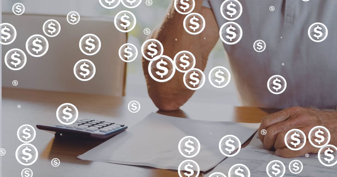 Man Reviewing Taxes with Overlaid Dollar Symbols