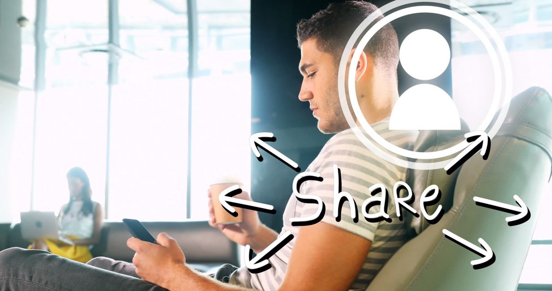 Businessman Engaging with Social Media on Smartphone with Share Symbol