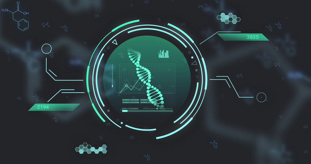 Futuristic Interface Featuring DNA Strand and Chemical Formulas
