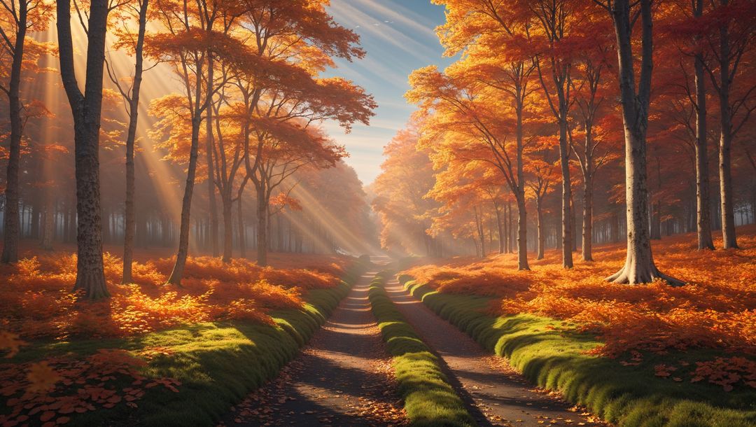 Sunlit Dirt Path Winding Through Vibrant Autumn Forest