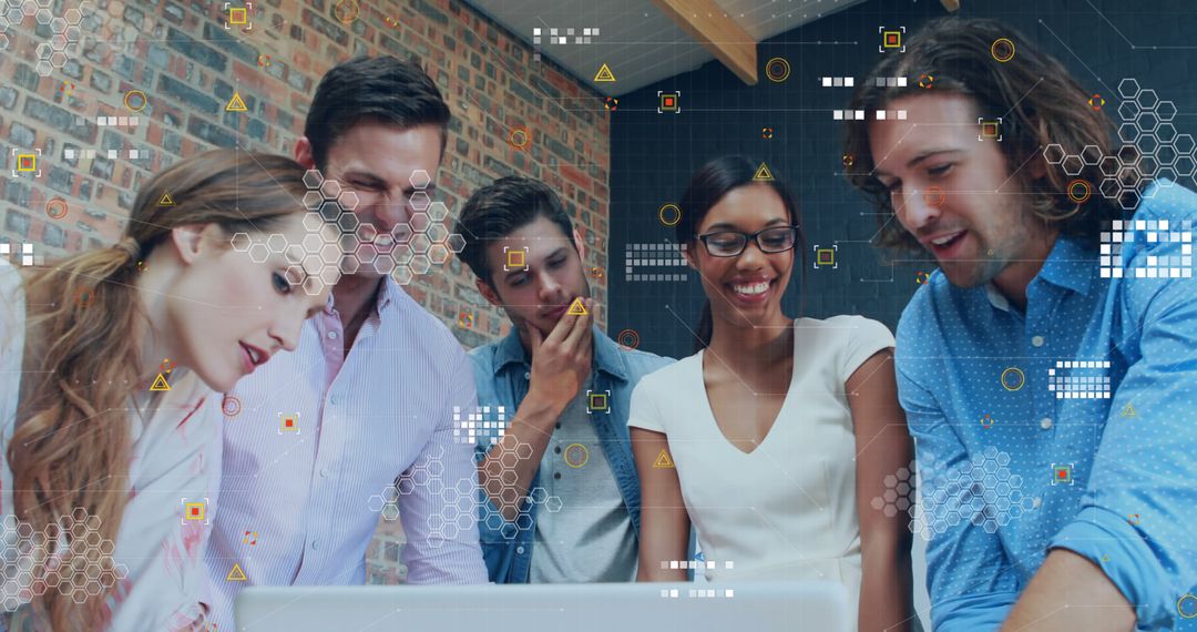 Diverse Team Analyzing Data with Digital Interface Elements