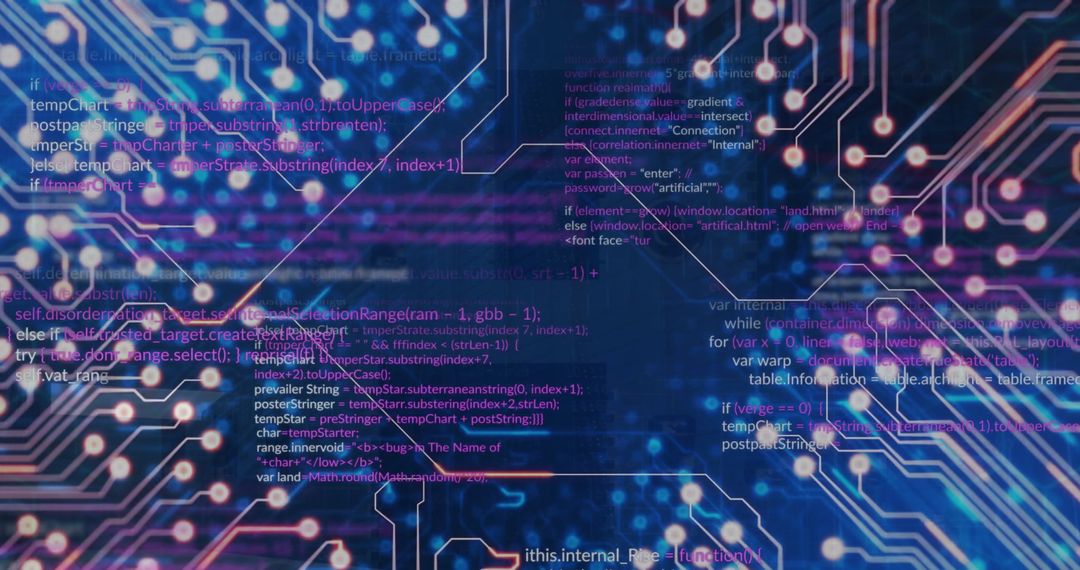 Digital Data Code Overlay on Circuit Board Background