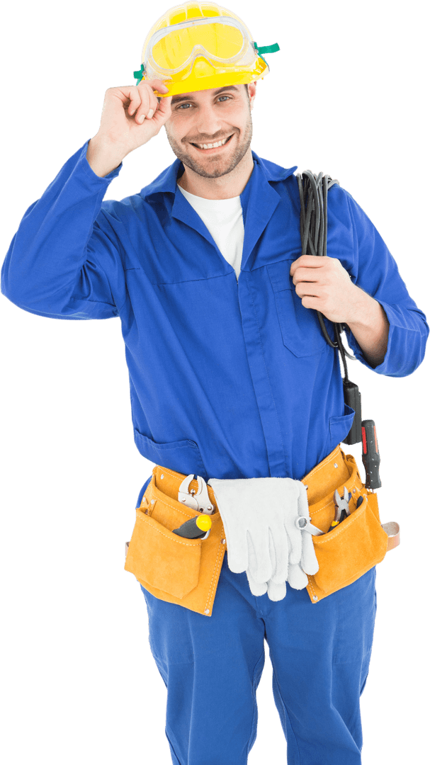 Transparent Smiling Repairman Holding Insulation Tool and Wearing Hardhat