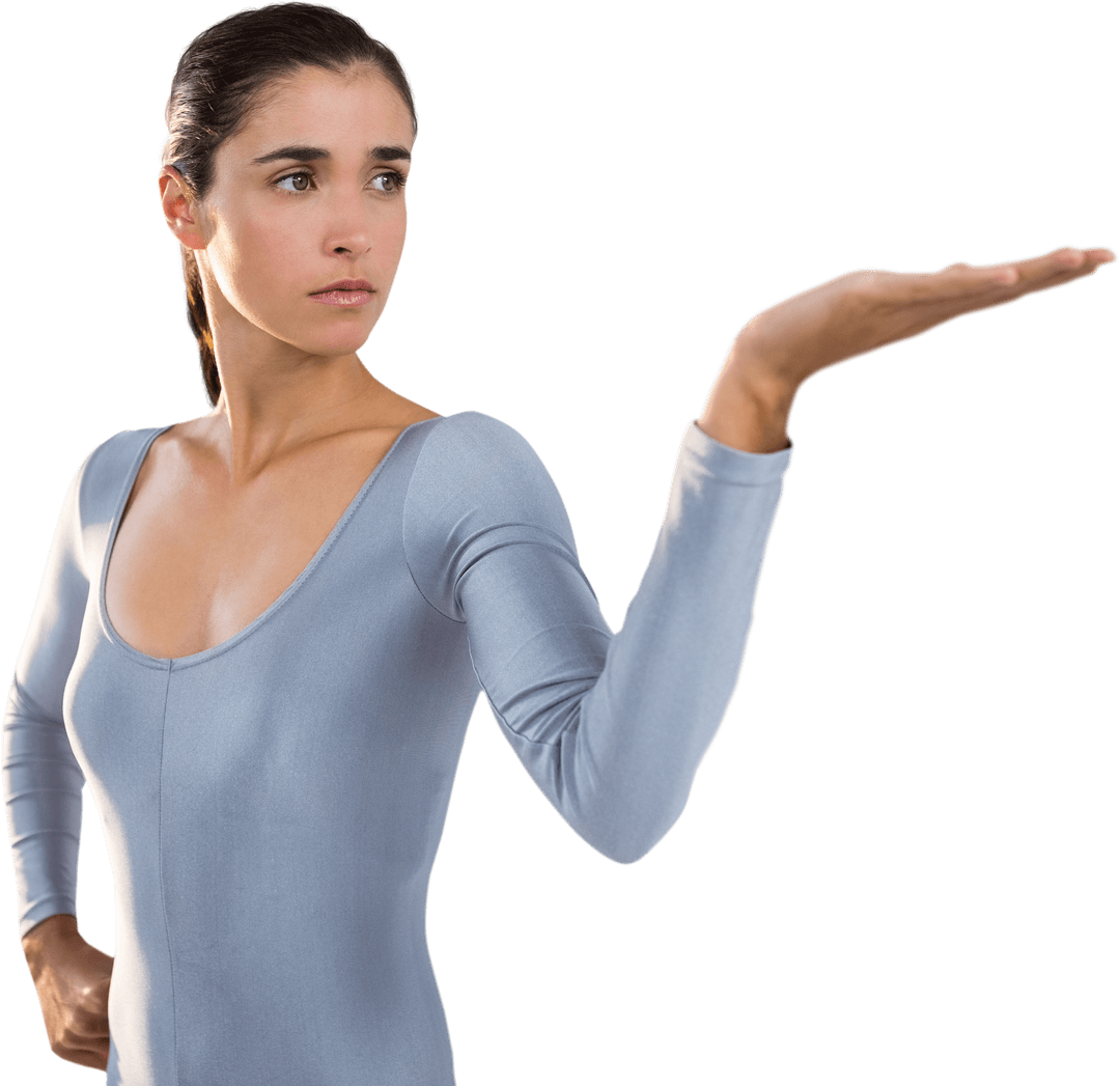 Confident Woman Gesturing in Silver Bodysuit on Transparent Background