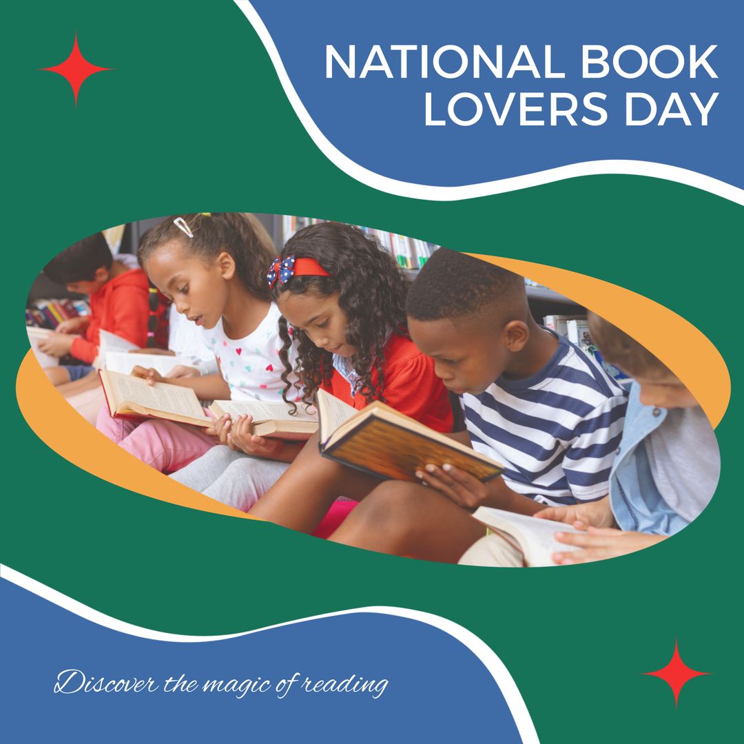 Diverse Children Celebrating National Book Lovers Day in Library