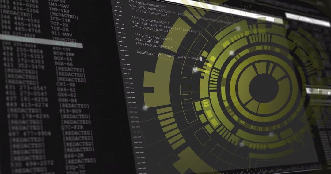 Futuristic HUD Interface Display with Code and Digital Graphics