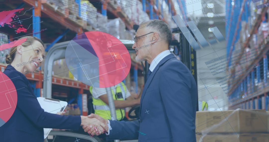 Business Professionals Shaking Hands in Warehouse with Data Overlay - Free Images, Stock Photos and Pictures on Pikwizard.com