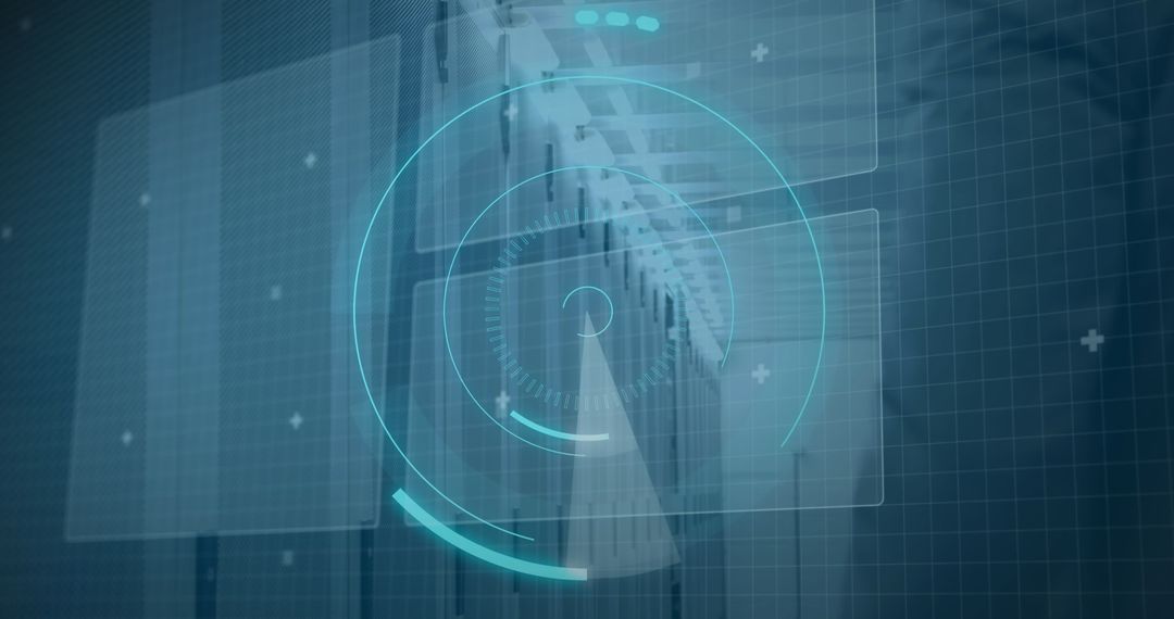 Futuristic Data Center with Translucent User Interface Graphics