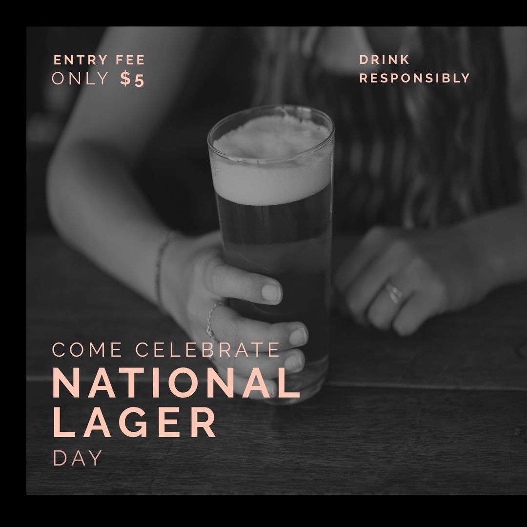 Square image of national lager day over midsection of caucasian woman with beer in black and white - Download Free Stock Templates Pikwizard.com