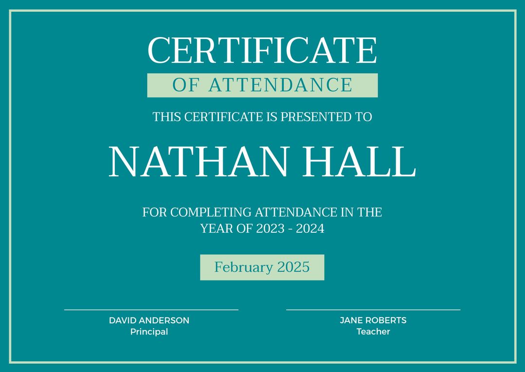 Elegant Certificate of Attendance Template with Teal Design - Download Free Stock Templates Pikwizard.com