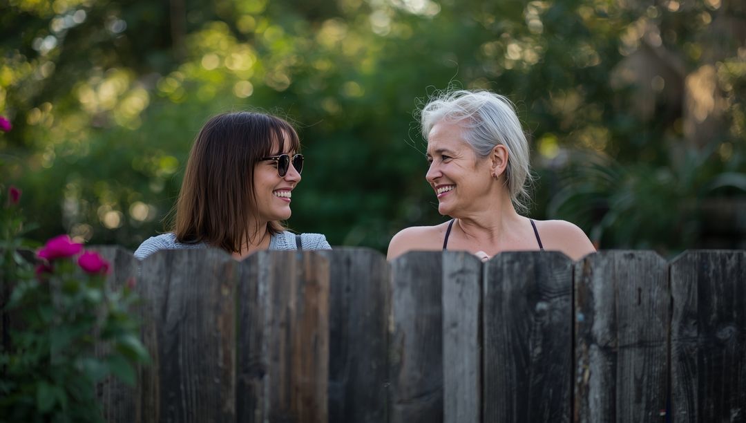 Two Women Chatting at Fence with Flowers in Garden