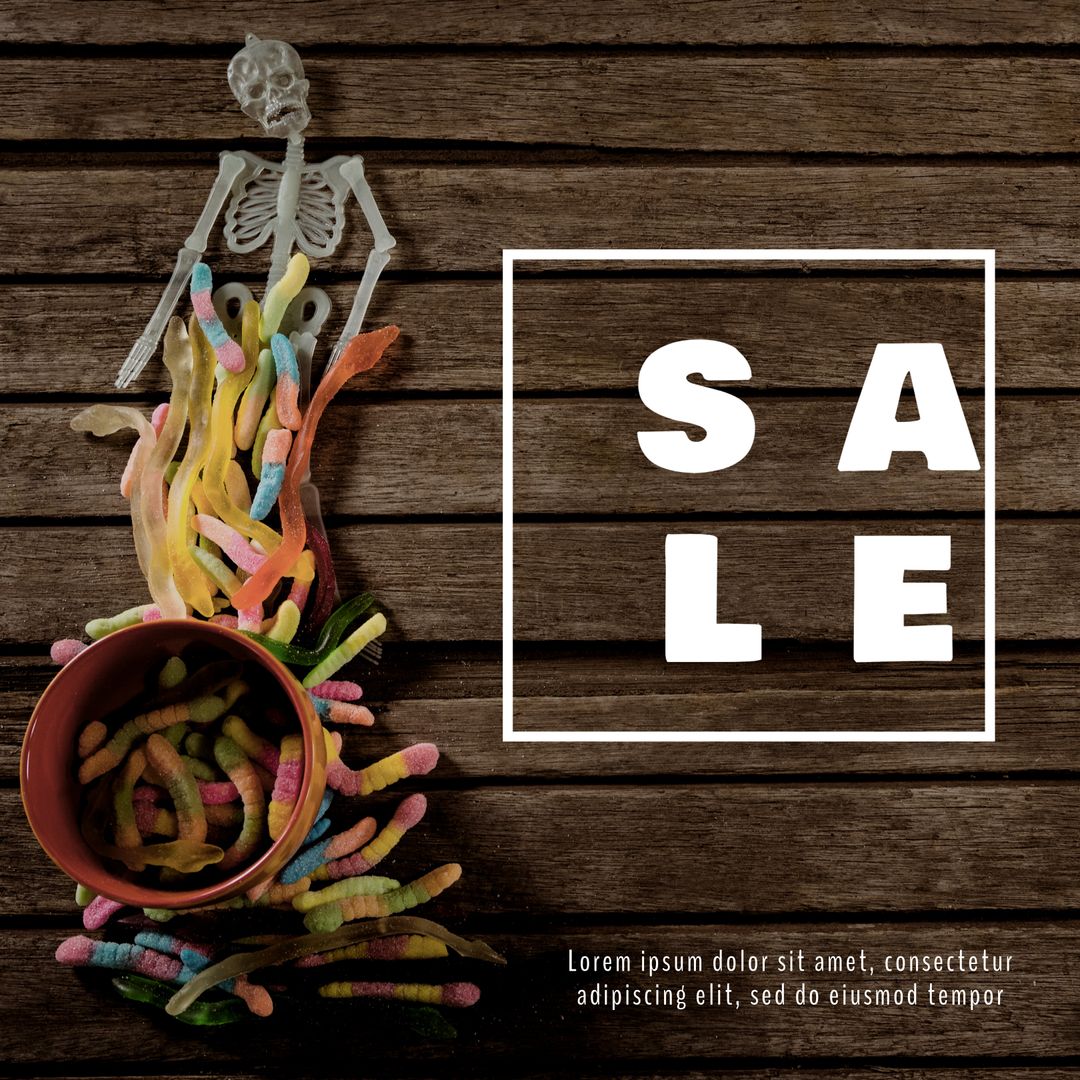 Halloween Sale: Skeleton and Candy Art on Rustic Wood Background