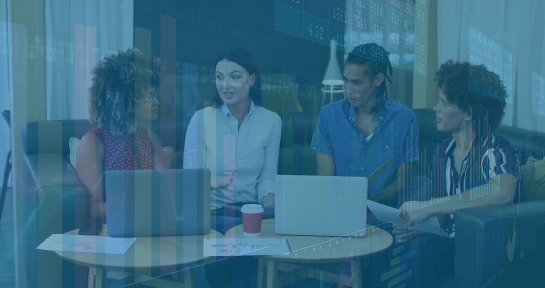 Colleagues Collaborating in Office Lounge with Financial Insights