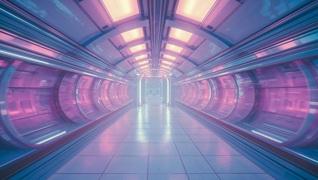 Futuristic Neon-Lit Tunnel Corridor in High-Tech Transit Center