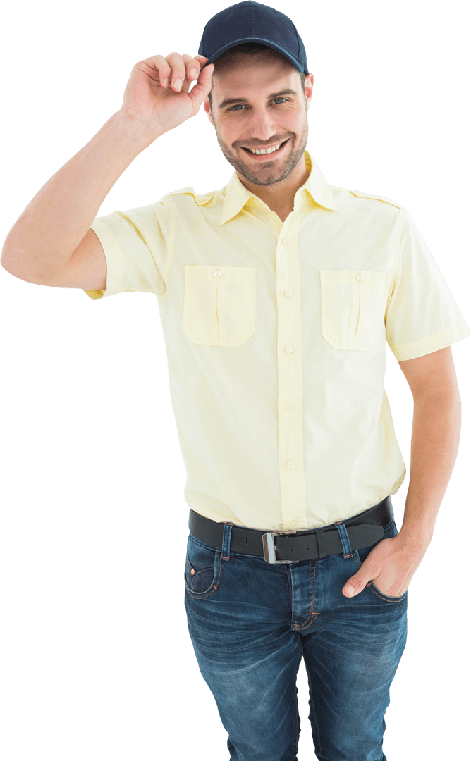Happy Delivery Man Wearing Casual Attire and Cap Transparent