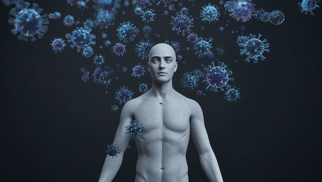 Digital Human Figure Surrounded by Virus Particles in Virtual Space