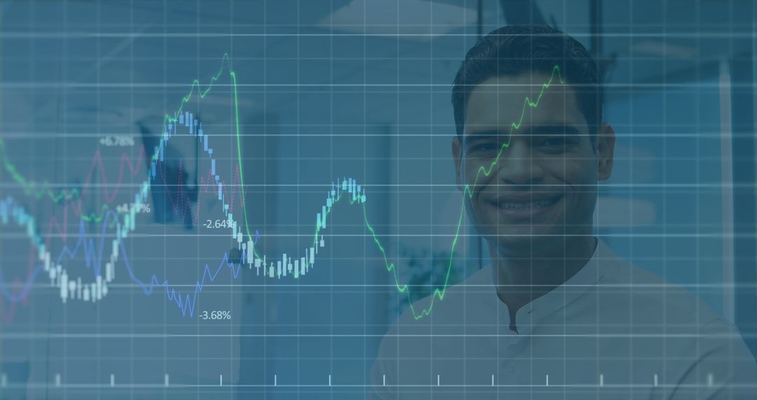 Business Data Overlay on Smiling Professional in Modern Office